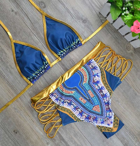 African Print Two-Piece Gold High Waist Swimming Suit