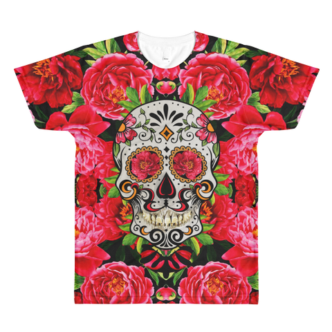 Paris METRO Couture: Sugar Skull in Reds All-Over Printed T-Shirt - ParisMETROCouture.com