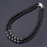 Women's Two Strand Rhinestone Black/ White Simulated Pearl Necklace