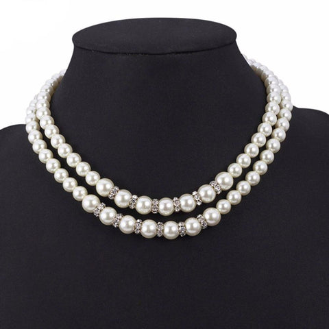 Women's Two Strand Rhinestone Black/ White Simulated Pearl Necklace