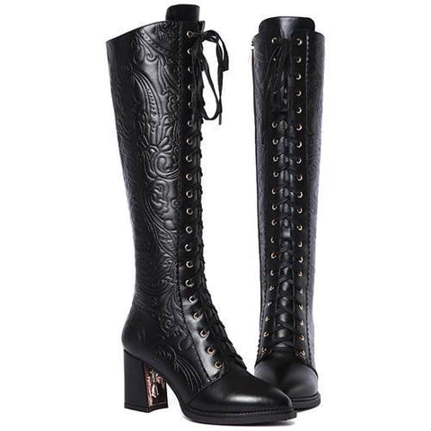 Embossed Genuine Leather Women's Lace Up Boots