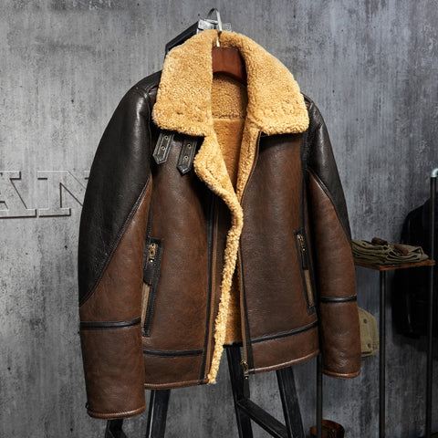 Men's Shearling Aviator Flight Jacket Imported Wool From AU-Lt Brown