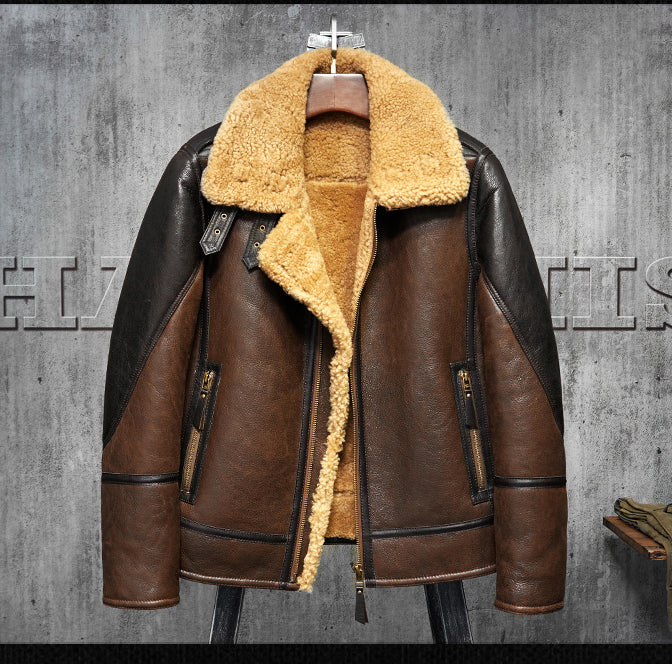 Men's Shearling Aviator Flight Jacket Imported Wool From AU-Lt Brown
