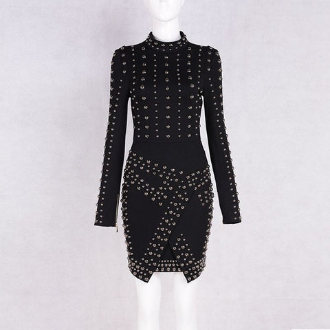 Riveted Sexy Black Long Sleeve Metal Beaded  Bodycon Dress for Women