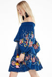 Blue Denim Embroidery Off Shoulder Dress