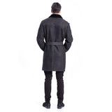 Long Leather Shearling Black Lapel Jacket Classic Double-Breasted Belt Design