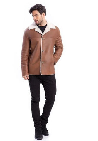 Mens Leather Jacket with Fur Lining Wool Winter Coat with Generous Lapels