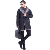 Men's New Style Notched Collar Black Long Leather Shearling Coat
